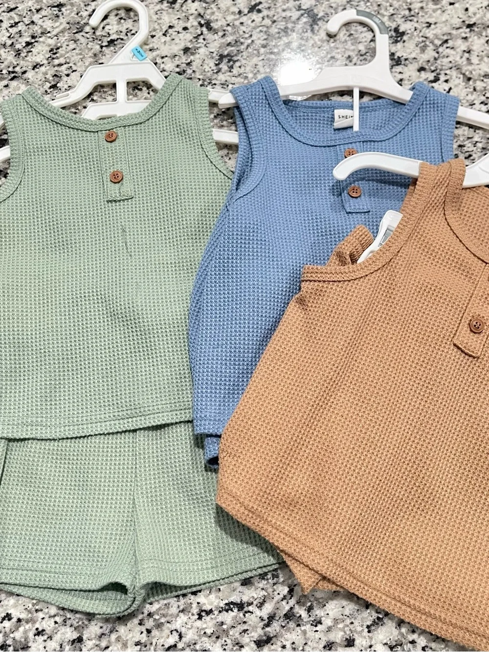 3 Pack Shein Size 2-3T | Waffle-Knit Tank & Short Set - Sage, Blue, Tan